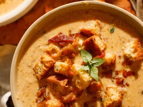 One large bowl of cauliflower chowder with bacon and croutons