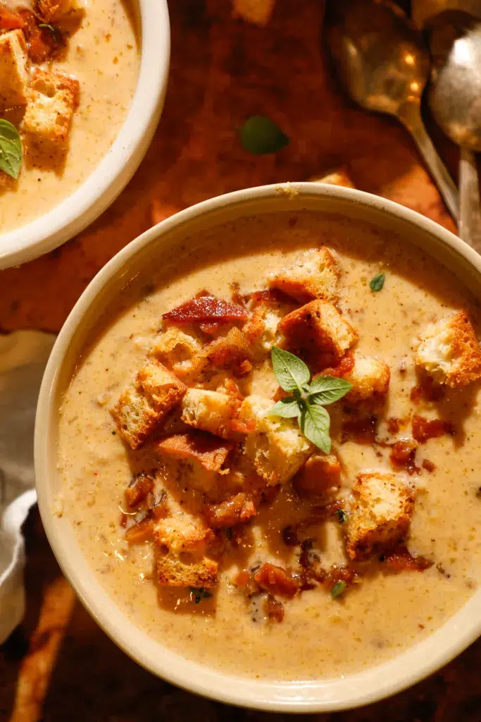 One large bowl of cauliflower chowder with bacon and croutons