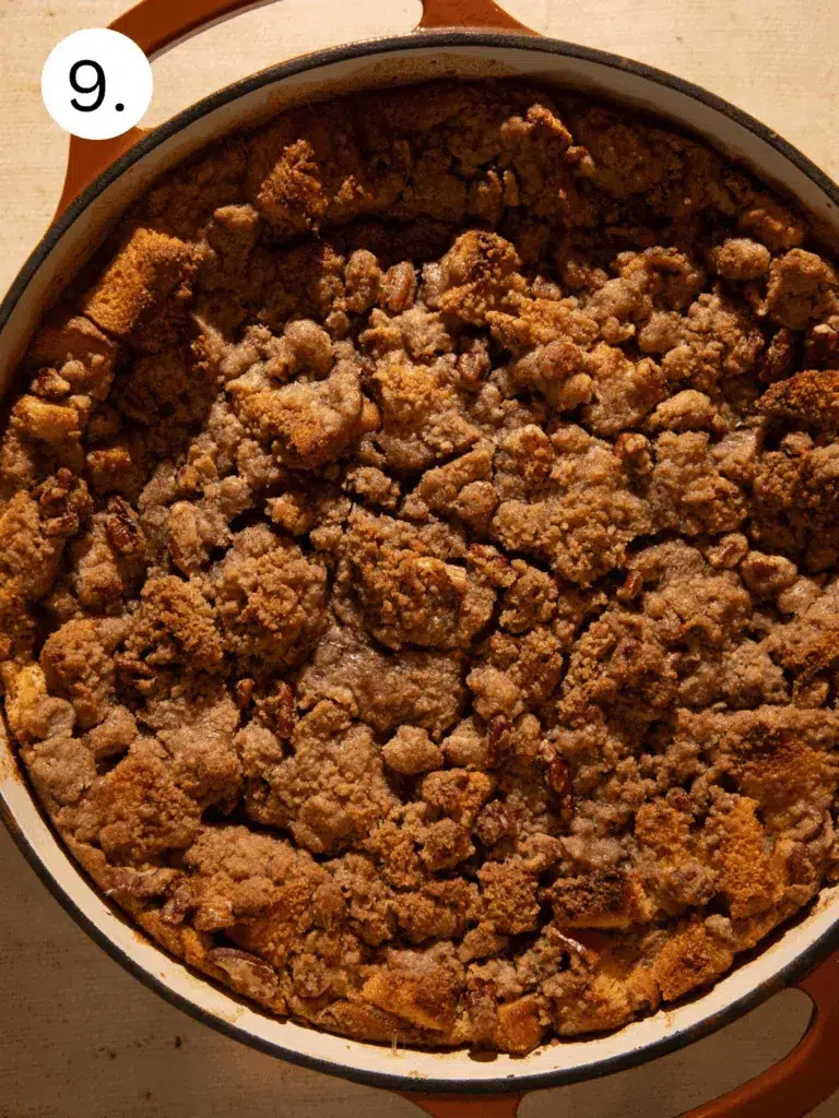 Golden baked pumpkin brioche casserole topped with pecan streusel, fresh from the oven.