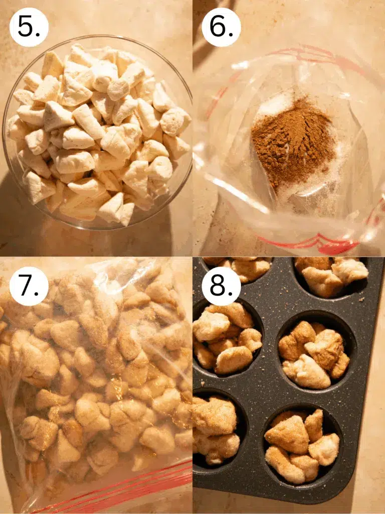Cut biscuit dough pieces coated in pumpkin spice sugar mixture, ready to be placed into muffin tin.