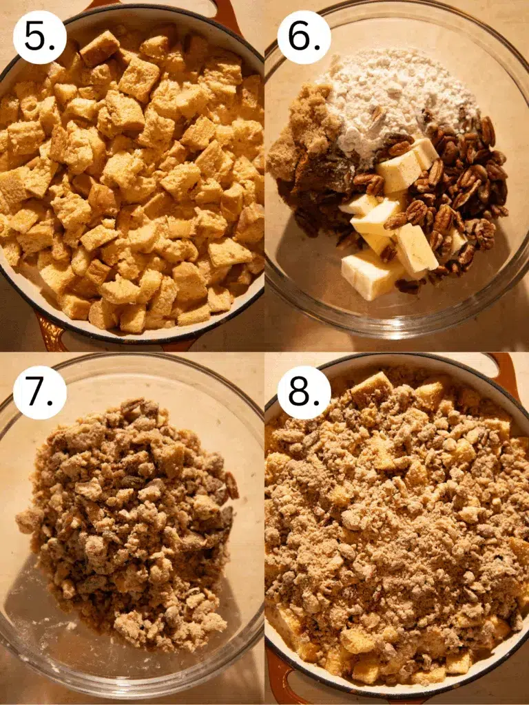 Step-by-step of butter, flour, brown sugar, and pecans combined into a crumbly streusel topping, then sprinkled over brioche mixture.