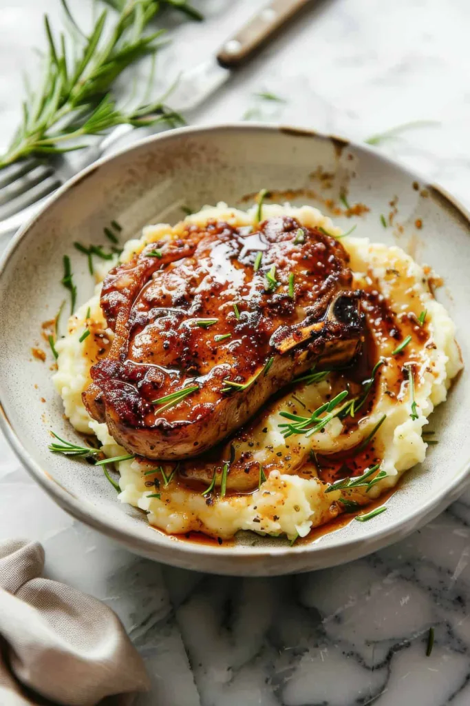 bowl with mashed potatoes, pork chop, and fresh rosemary