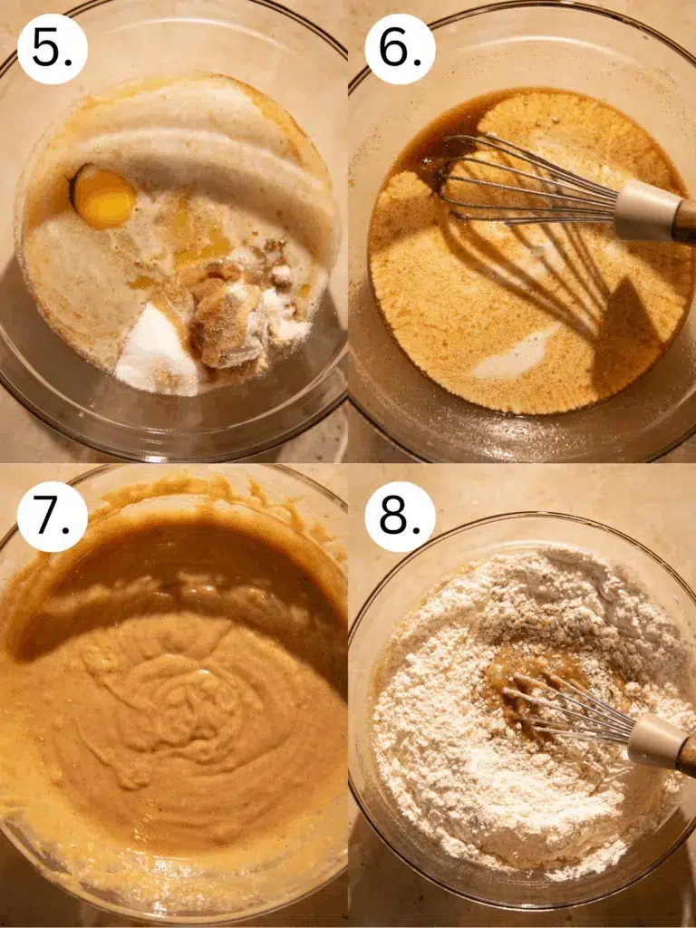 Mixing eggs, sugar, cider, and flour step by step to create smooth spiced batter for apple cider bread.