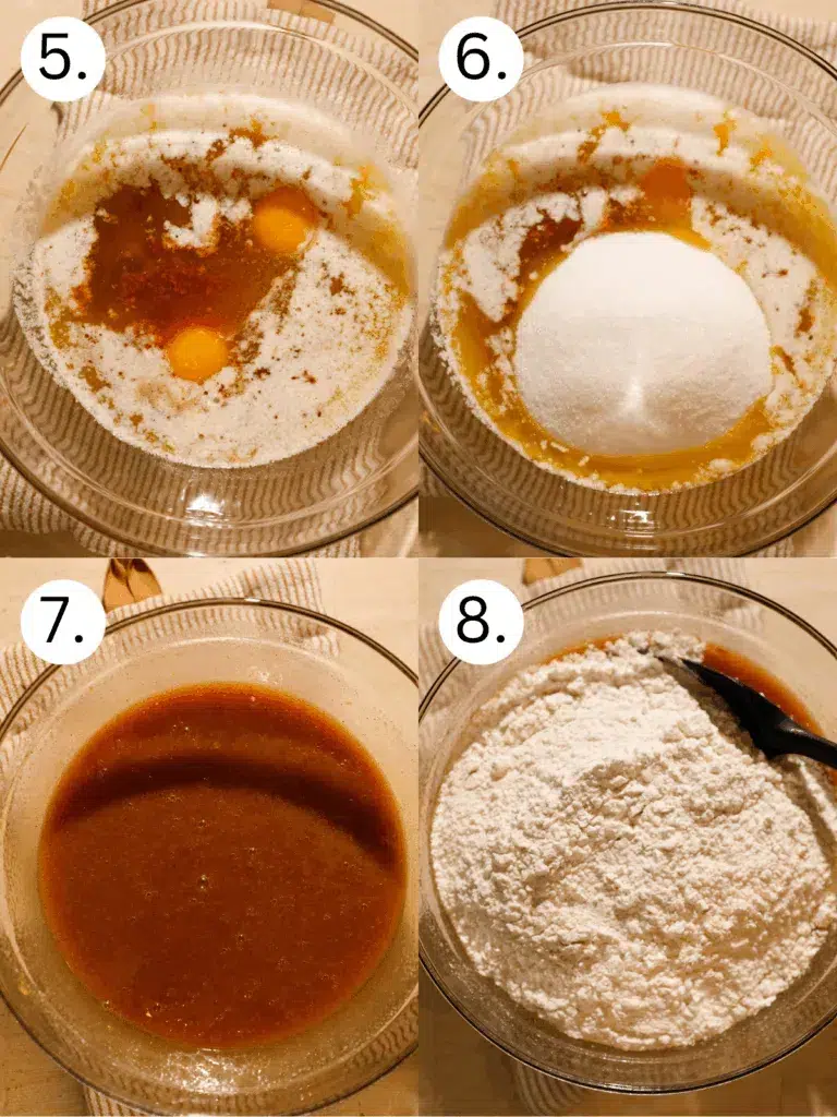 Step-by-step images mixing apple cider cookie dough batter, combining wet ingredients with flour.