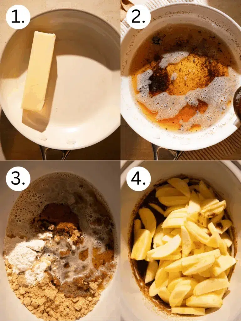 Butter melting in a saucepan, then turning golden brown with specks for apple dump cake.