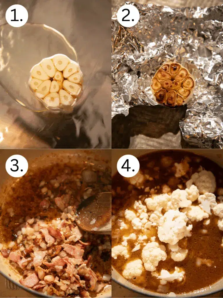 Garlic head drizzled with olive oil wrapped in foil, then roasted until golden and caramelized