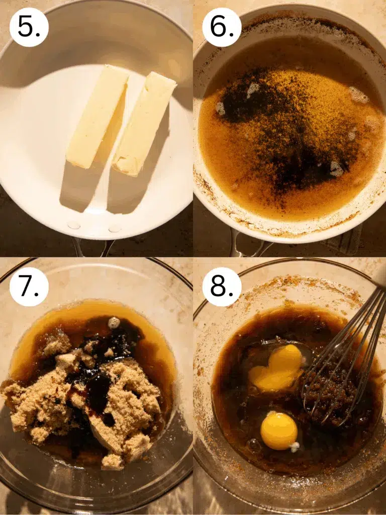Four-step collage showing brown butter cookie base: melting butter, browned butter, adding sugar and molasses, and whisking in eggs.