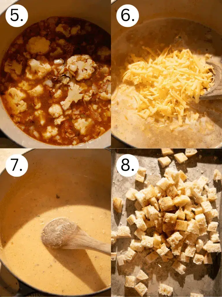 Cauliflower chowder simmering in a pot with melted gouda cheese being stirred in