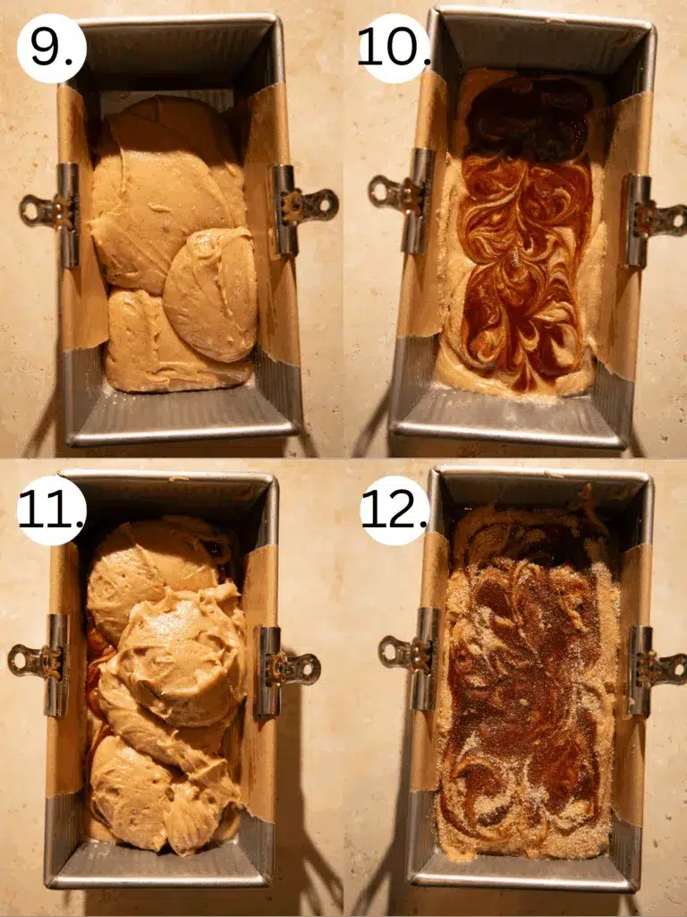 Batter layered in a loaf pan with caramel swirl and cinnamon sugar topping before baking.