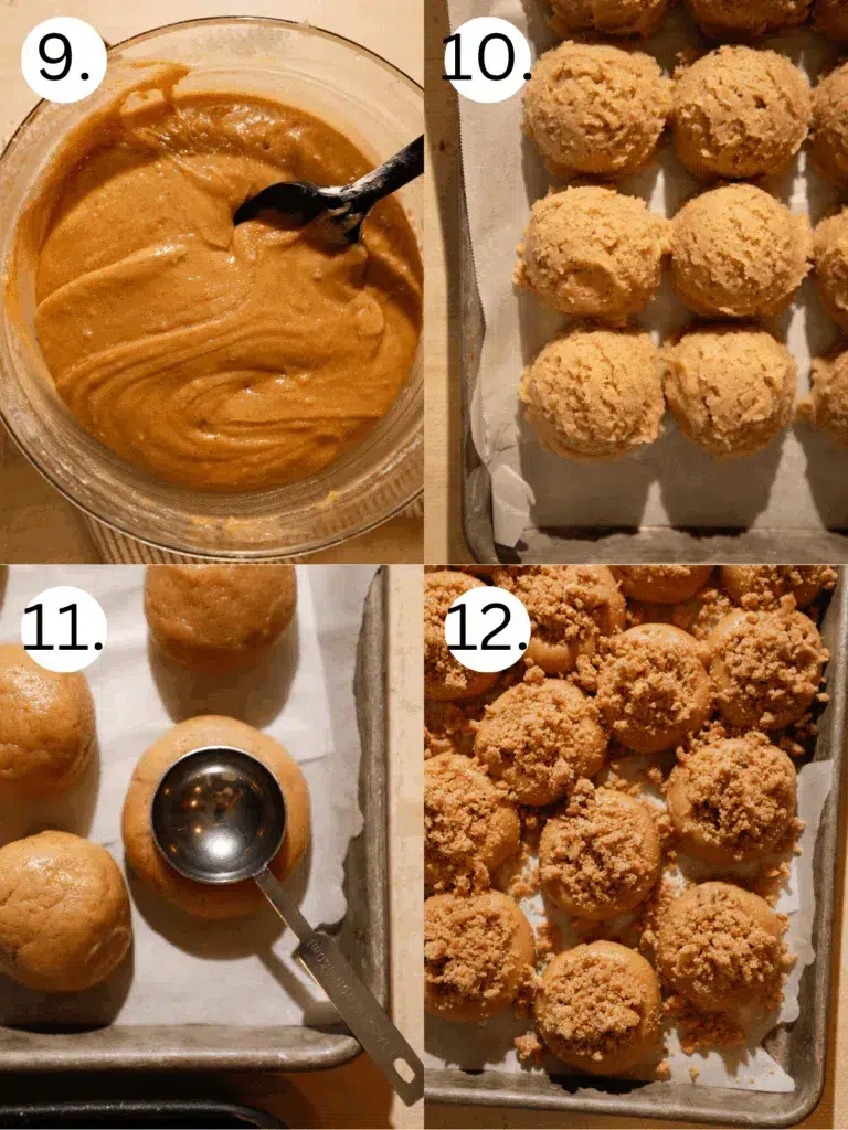 Step-by-step process showing cookie dough scooped, indented, and filled with streusel topping before baking.