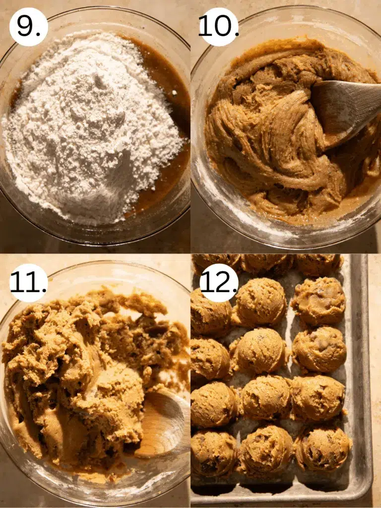Four-step collage showing cookie dough process: flour added to wet mixture, dough mixed, toffee chunks folded in, and dough scooped onto baking sheet.