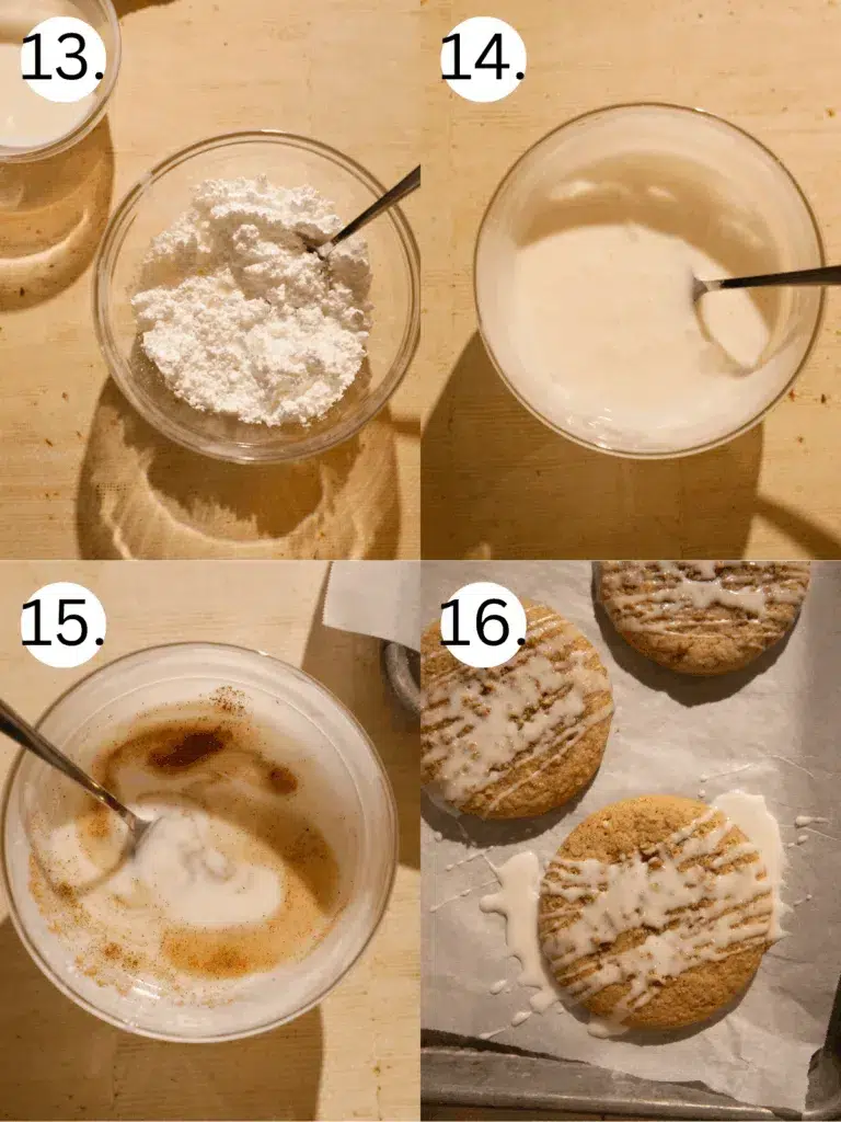 Step-by-step process making glaze for apple cider coffee cake cookies, from powdered sugar to finished drizzle.
