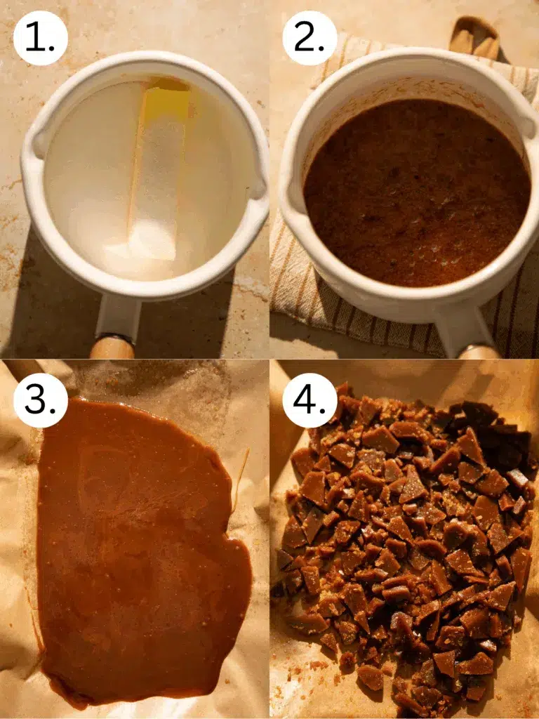 Four-step collage showing homemade toffee: melting butter and sugar, bubbling mixture, cooling sheet of toffee, and broken toffee pieces.