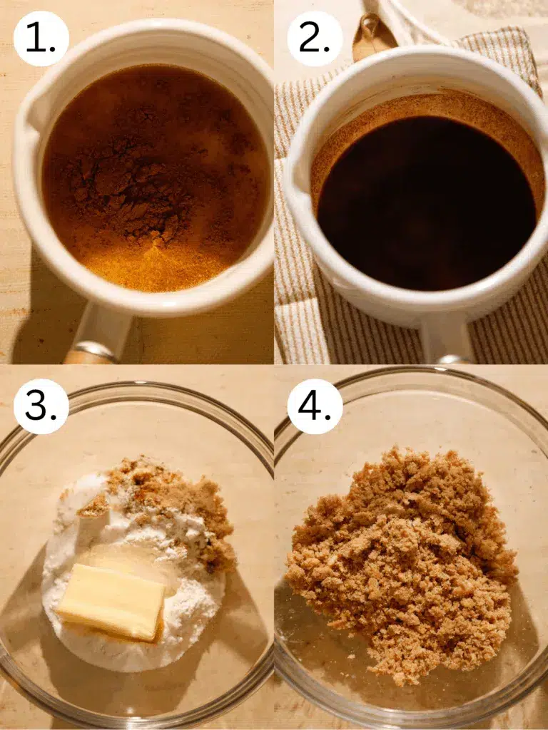 Step-by-step photos showing apple cider reduction in saucepan and mixing streusel topping.