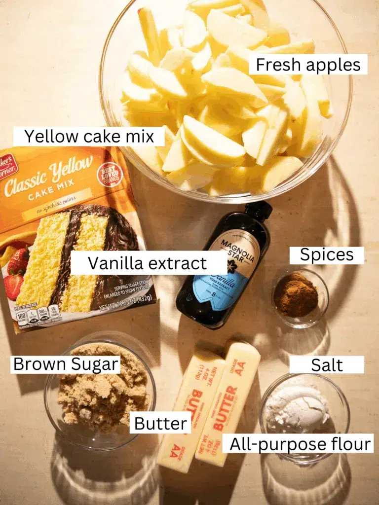 Overhead view of ingredients for brown butter apple dump cake including fresh apples, cake mix, butter, brown sugar, vanilla, and spices