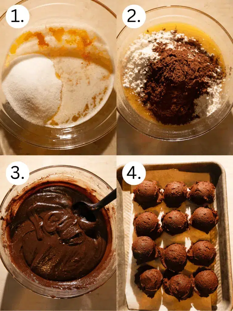 Process shots of mixing chocolate cookie dough and scooping portions onto a baking sheet before stuffing with Oreos.
