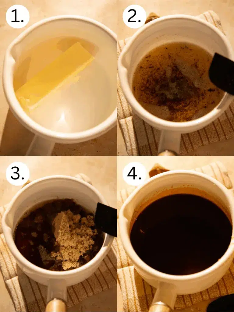 Step-by-step process of making maple brown butter sauce: melting butter, whisking in spices, adding brown sugar, and cooking into a glossy caramel sauce.