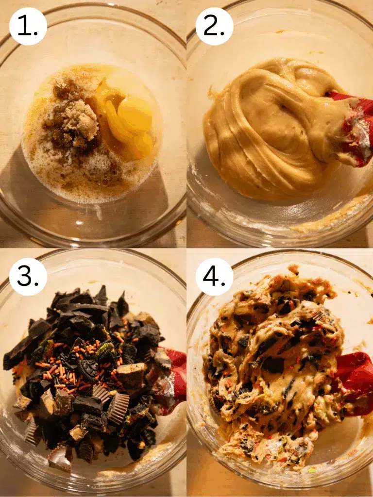 Step-by-step process mixing cookie dough: butter and sugars in a bowl, smooth batter, adding chopped candies, and folded dough.