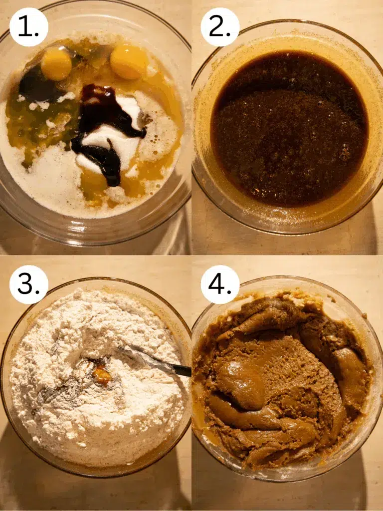 Process shots of wet ingredients like butter, sugars, eggs, vanilla, and molasses mixed together for one-bowl molasses ginger cookies.