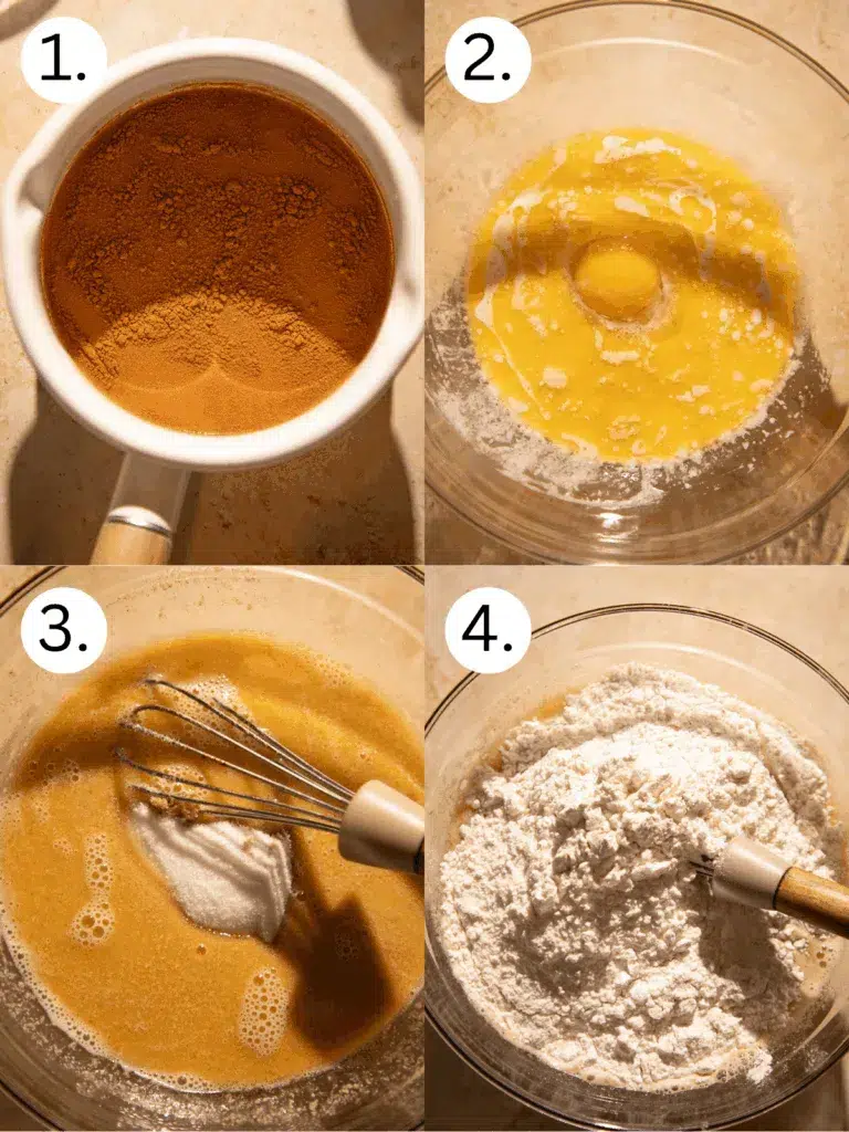 Step-by-step process for apple cider donut muffins: simmering apple cider with spices, whisking wet ingredients, adding sugars, and folding in the dry mixture.