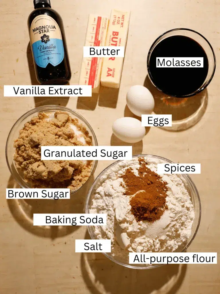 Overhead view of cookie ingredients including butter, sugars, flour, spices, molasses, and vanilla extract for chewy molasses ginger cookies.