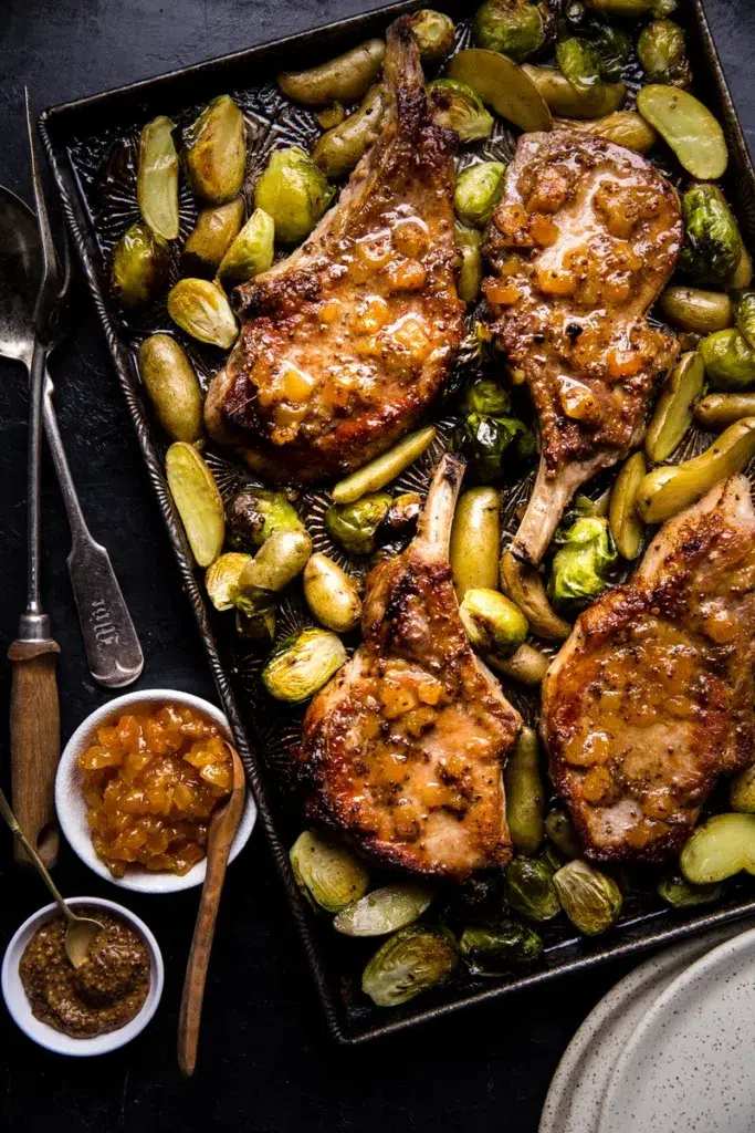 pan with pork chops and Brussel sprouts