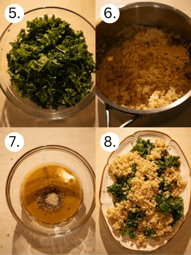 Step-by-step collage of kale in a bowl, cooked quinoa, homemade bacon-tahini vinaigrette in a glass bowl, and a platter layered with quinoa and kale.