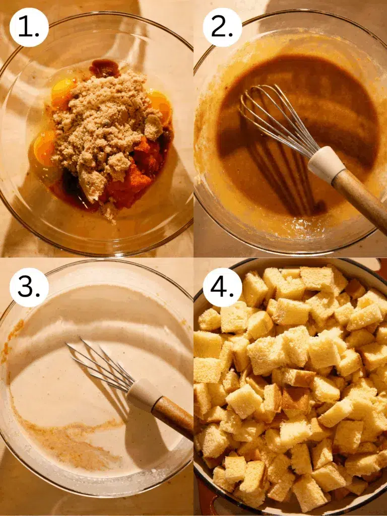 Step-by-step mixing of eggs, pumpkin purée, brown sugar, milk, and spices into a smooth custard base for the casserole.