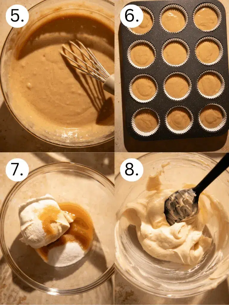 Apple cider muffin batter whisked smooth in a bowl, portioned into a lined muffin tin, with sweet cream cheese filling mixed and ready to add.