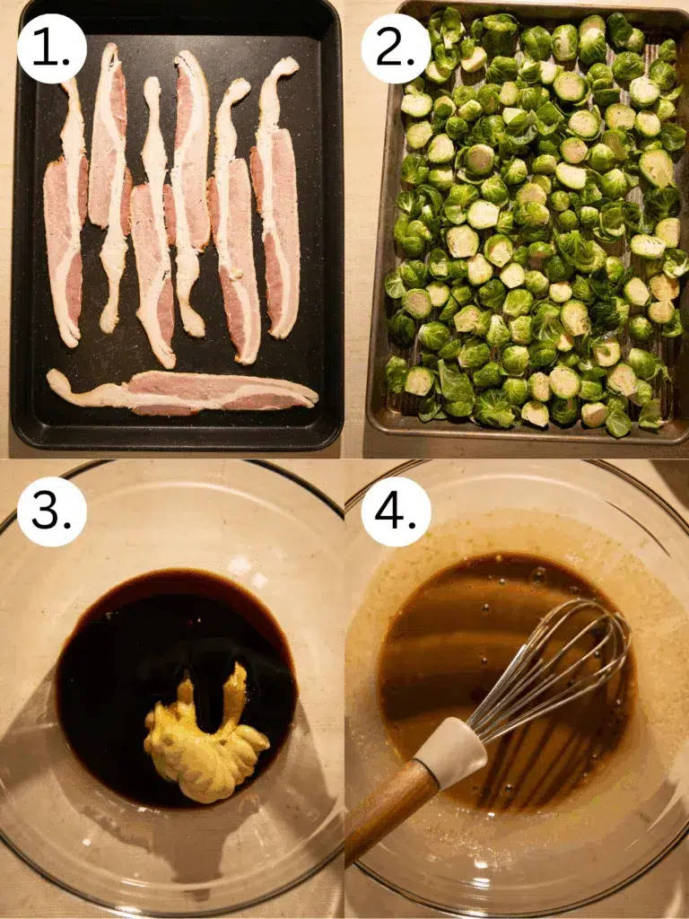 Collage showing bacon on a sheet pan, halved Brussels sprouts on a baking sheet, Dijon and balsamic in a mixing bowl, and whisked maple Dijon balsamic glaze.