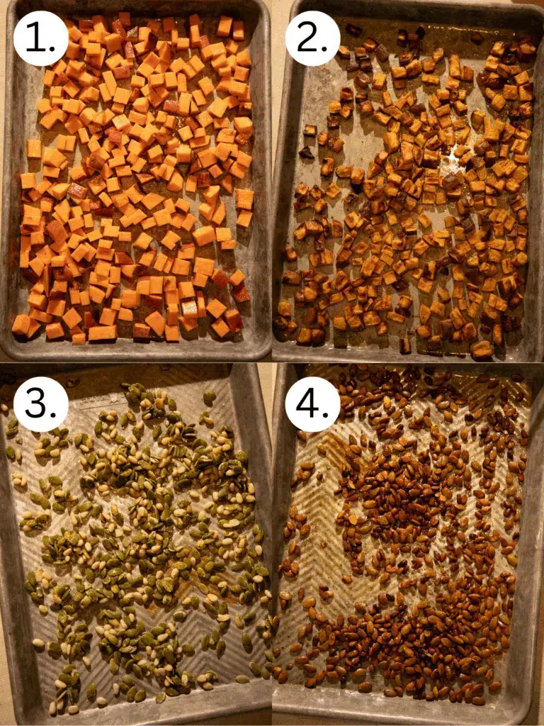 Baking sheets showing sweet potatoes before and after roasting, plus pepitas and pine nuts toasted until golden.