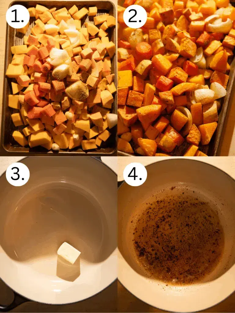 Golden brown butter with dark specks in the bottom of a Dutch oven.
