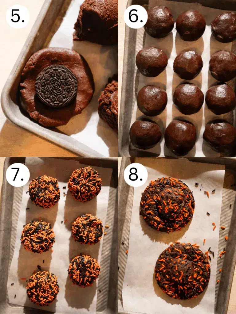 Chocolate cookie dough flattened with an Oreo pressed into the center before shaping into a ball.