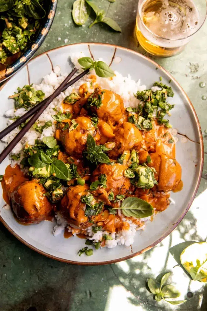 bowl of rice with saucy turkey meatballs