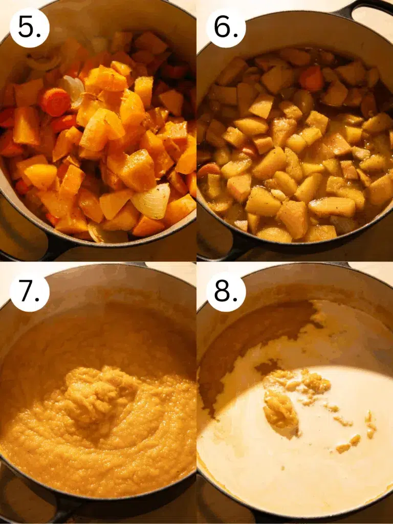 Cream being stirred into pureed roasted butternut squash soup.