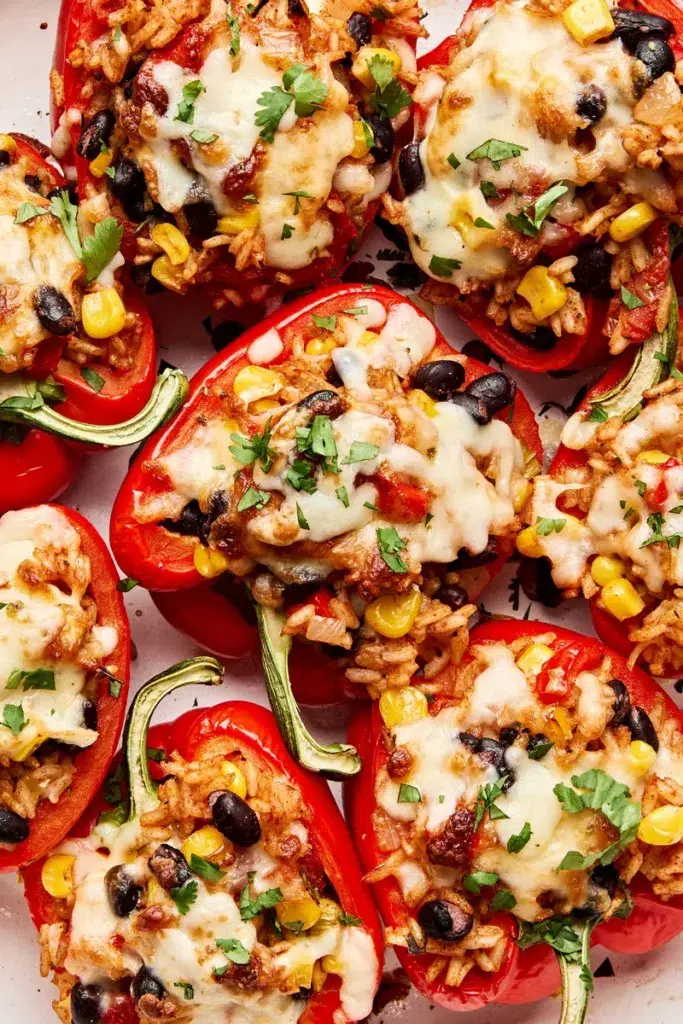 stuffed red bell peppers in a baking dish with bubbly cheese