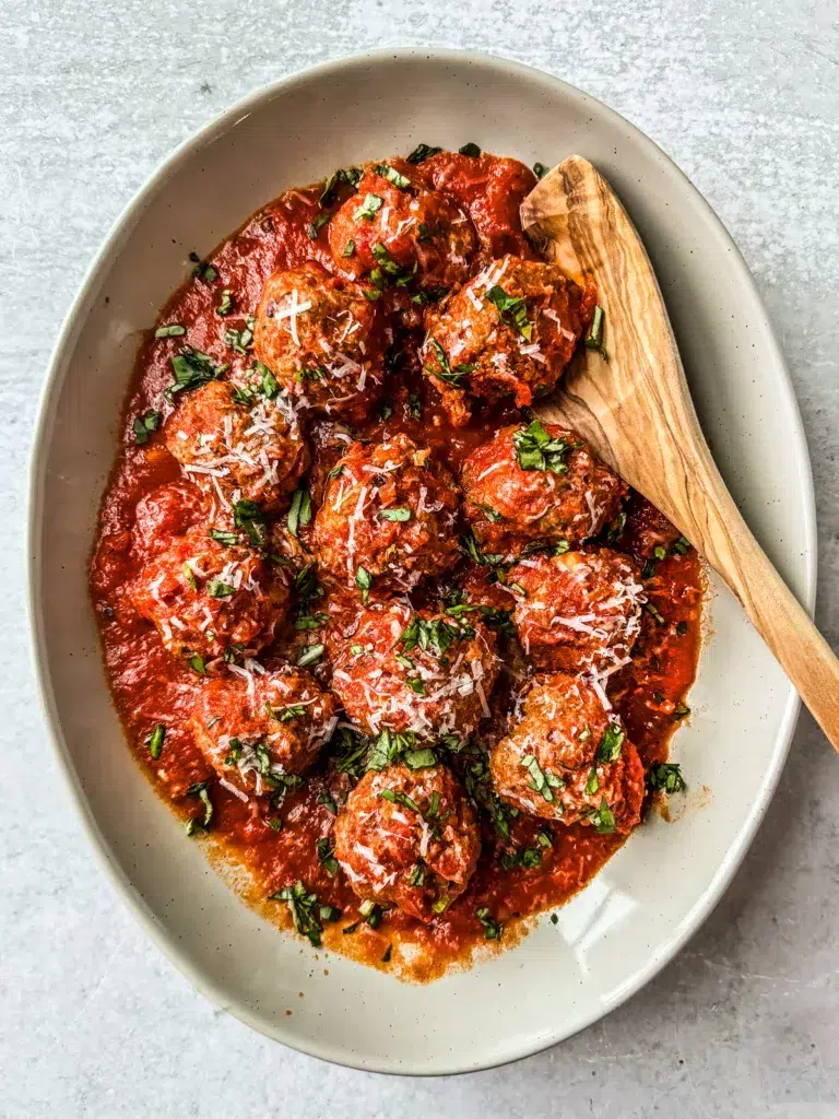 Oval platter with turkey meatballs and sauce