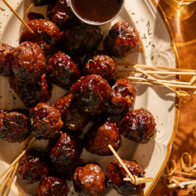 Close-up of holiday cranberry BBQ meatballs with deep caramelized glaze and festive warm lighting on a rustic platter.