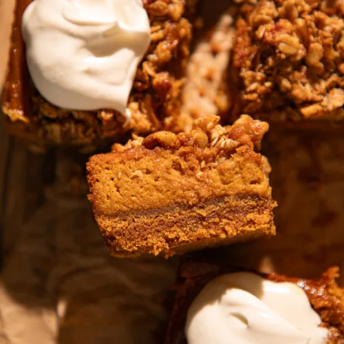Side view showing layers of graham cracker crust, creamy pumpkin filling, and golden oat streusel topping.