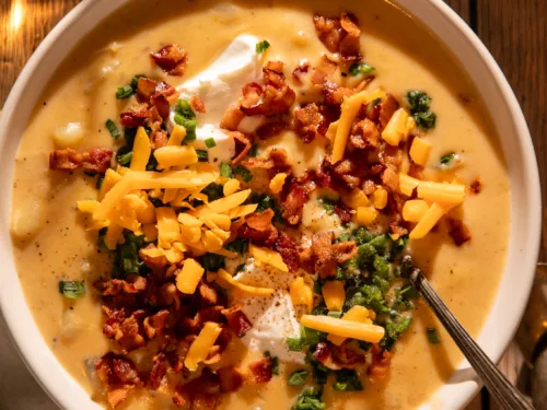 Warm bowl of creamy loaded baked potato soup topped with crispy bacon, shredded cheddar, chives, and sour cream, served with a drink on a wooden table.