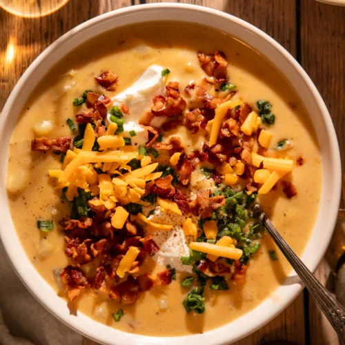 Warm bowl of creamy loaded baked potato soup topped with crispy bacon, shredded cheddar, chives, and sour cream, served with a drink on a wooden table.