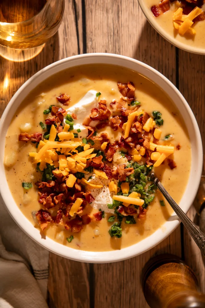 Warm bowl of creamy loaded baked potato soup topped with crispy bacon, shredded cheddar, chives, and sour cream, served with a drink on a wooden table.