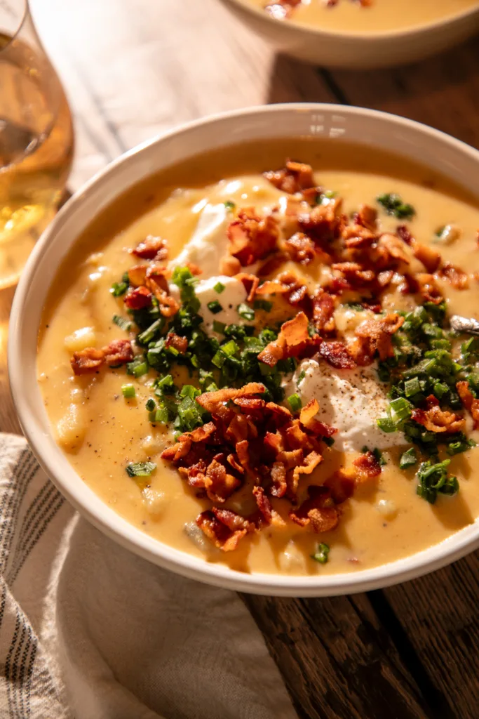 Close-up of thick and creamy baked potato soup garnished with cheddar cheese, bacon, and green onions in a white bowl.