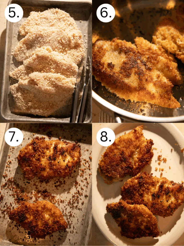 Chicken breasts breaded with Parmesan and breadcrumbs being fried until golden brown in a skillet, then baked for extra crispiness before topping with lemon herb bruschetta.