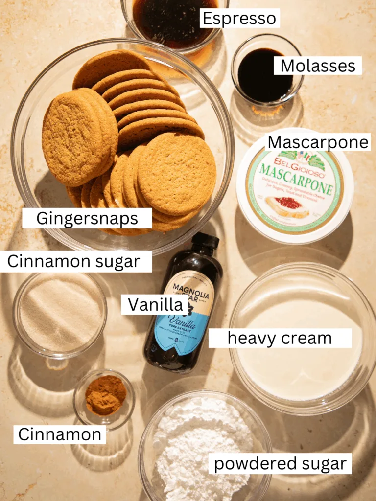 Overhead view of ingredients for gingerbread tiramisu including gingersnaps, espresso, molasses, mascarpone, heavy cream, vanilla, cinnamon, and powdered sugar.