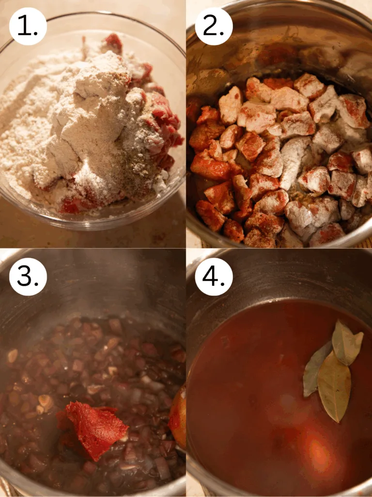 Four-step collage showing the process of coating beef tips in flour and seasonings, browning in the Instant Pot, sautéing onions with tomato paste, and adding broth with bay leaves.
