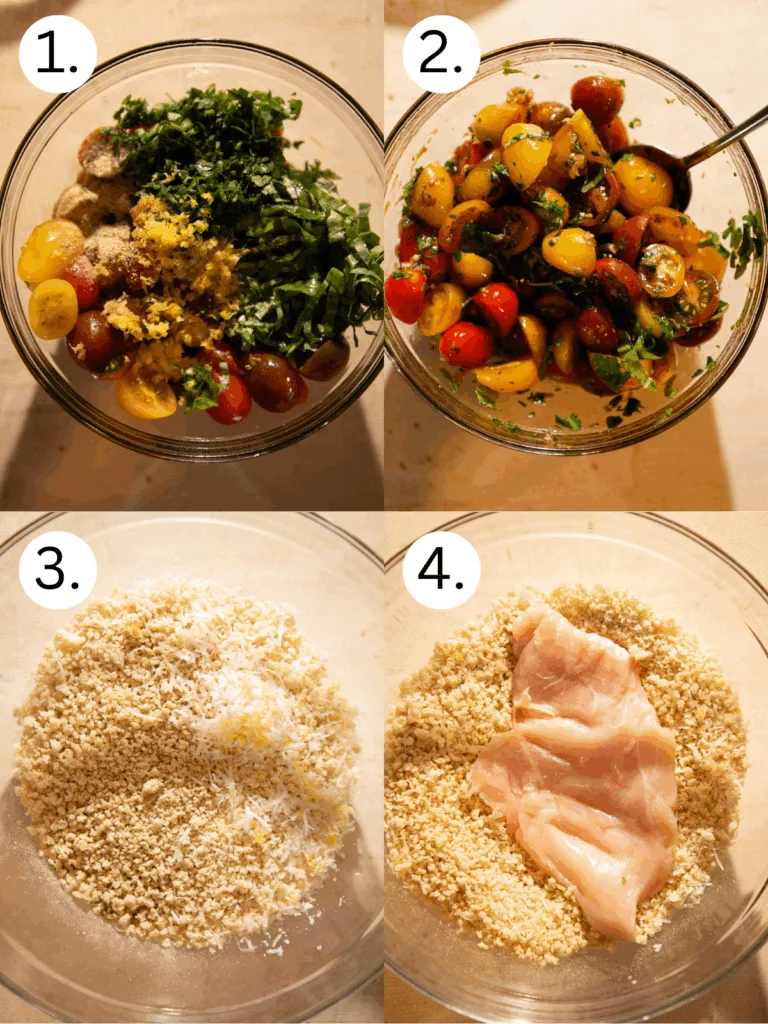 Step-by-step process showing how to make lemon herb bruschetta and bread chicken cutlets — fresh tomatoes, herbs, lemon zest, Parmesan, and breadcrumbs mixed and coated before frying.