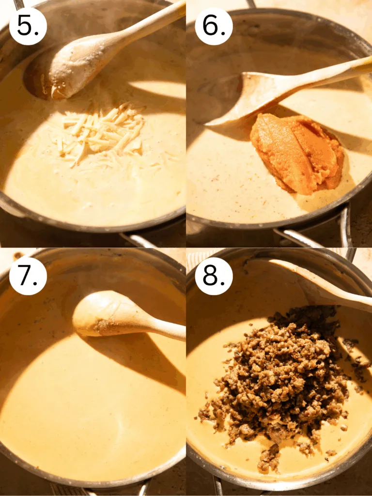 Step-by-step collage showing Parmesan melting into sauce, pumpkin puree added, sauce thickening, and cooked sausage mixed in for a creamy pumpkin Alfredo pasta.