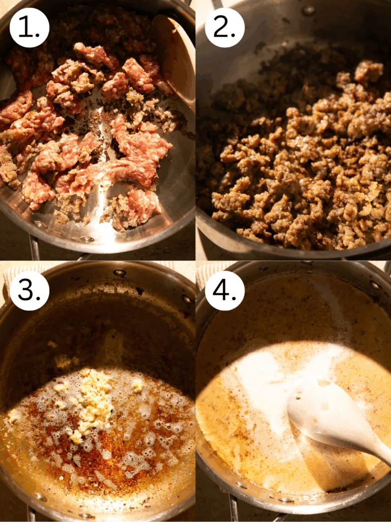 Step-by-step collage showing sausage browning in a skillet, butter browning with garlic, and cream being stirred into the sauce for pumpkin Alfredo.