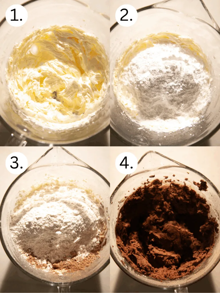 Overhead view of ingredients for peppermint mocha frosted sugar cookie bars including flour, cocoa powder, butter, cream, eggs, peppermints, and extracts.